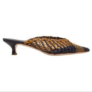 Barney’s New York Navy/Mustard "Ella" woven mules kitten heel